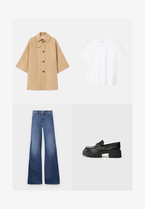 Bež kaput od vune s kombinacijom materijala, klasičnog ovratnika, prednjim zatvorenjem na dugmad i bočnim dzepovima; ima raglan rukave i čist, strukturiran dizajn.; Bijela pamučna majica s kratkim rukavima, okruglim izrezom, opuštenim krojem i šivenim rubom. Etiketa je vidljiva na unutarnjoj strani vrata.; Džins hlače širokih nogavica u srednje plavoj boji, s pet džepova, petljama za remen i kopčanjem na dugme. Glatka tekstura s blagim izbljedjenjem.; Crne kožne loafersice s debelim potplatom, s zlatnim akcentom sprijeda i glatkim završetkom. Debeli uzorak na potplatu.