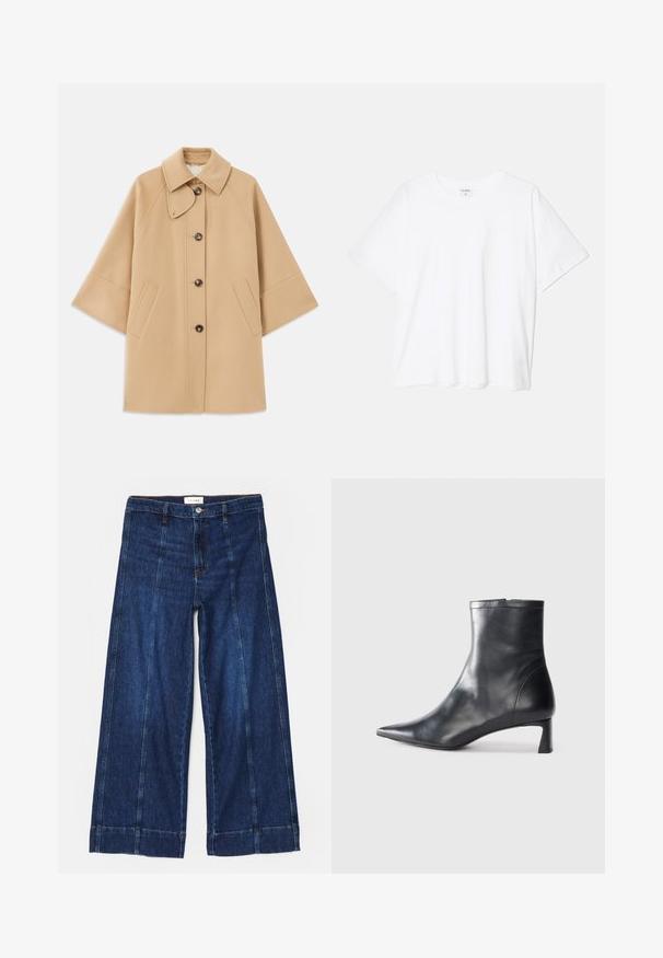 Beige Wollmischungsjacke mit klassischem Kragen, durchgehender Knopfleiste und Seitentaschen; verfügt über Raglanärmel und ein sauberes, strukturiertes Design.; Weißes Baumwoll-T-Shirt mit kurzen Ärmeln, runder Halslinie, lockerer Passform und genähtem Saum. Etikett sichtbar am inneren Kragen.; Weite Jeanshose in dunkelblau mit kontrastierenden Nähten, einem Knopfverschluss und einem schlichten Saum. Hergestellt aus robustem Baumwollmaterial.; Schwarze Lederstiefelette mit spitzer Zehe und schlankem Design. Verfügt über einen niedrigen Absatz und einen Reißverschluss hinten. Glatte Textur.
