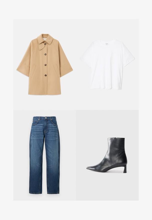 Bežs vilnas maisījuma mētelis ar klasisku apkakli, priekšējo pogu aizdares un sānu kabatām; satur raglanu piedurknes un tīru, strukturētu dizainu.; Balta kokvilnas T-krekls ar īsām piedurknēm, apaļu dekoltē, brīva piegriezuma un šūtu apakšmalu. Etiķete redzama iekšējā kakla daļā.; Tumši zilie džinsi, taisna kāju dizains, piecas kabatas un vara šuvju oderējums. Gluda tekstūra ar nelielu izbalēšanu audumā.; Melnas ādas potītes zābaki ar norādītu pirkstu un elegantu dizainu. Iezīmē zemu papēdi un rāvējslēdzēja aizdari aizmugurē. Gluda tekstūra.