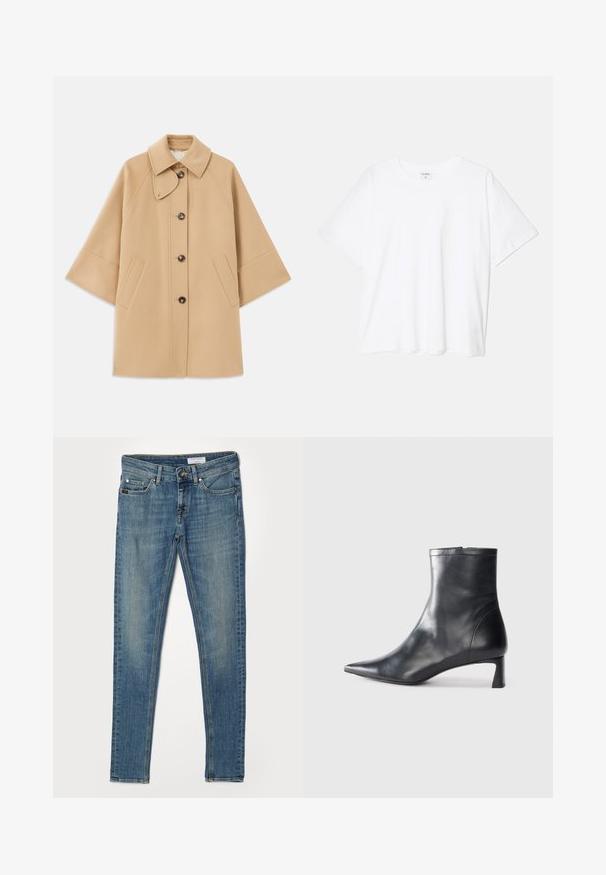 Bežna volnena jopica s klasičnim ovratnikom, sprednjim gumbom za zapiranje in stranskimi žepi; ima raglan rokave in čist, strukturiran dizajn.; Bela bombažna majica s kratkimi rokavi, okroglim izrezom, sproščenim krojem in šivanim robom. Oznaka vidna na notranji strani izreza.; Ozke hlače v svetlo modrem denimu. Imajo pet žepov, zadrgo in kontrastne rumene šive na šivih in žepih.; Črne usnjene gležnjarje s šiljastim nosom in elegantnim dizajnom. Imajo nizko peto in zadrgo na zadnji strani. Gladka tekstura.