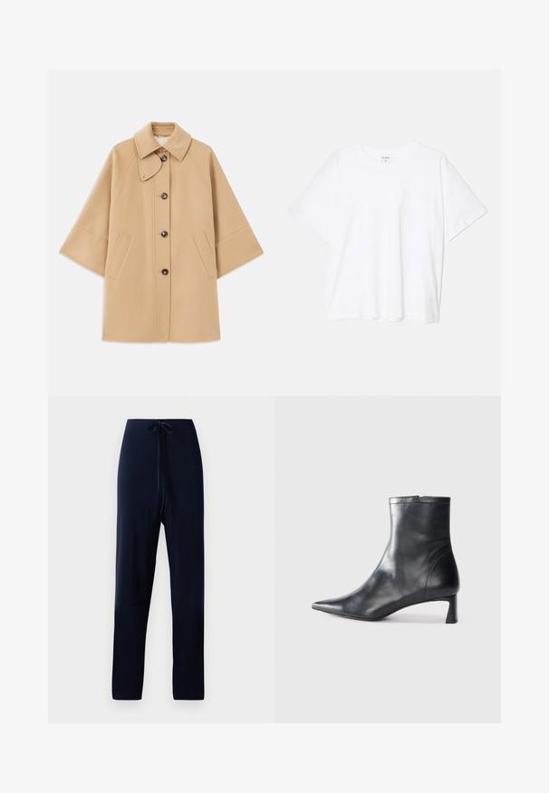 Beige gyapjú mix kabát klasszikus gallérral, elülső gombos záródással és oldalsó zsebekkel; raglán ujjaival és letisztult, strukturált dizájnjával rendelkezik.; Fehér pamut póló rövid ujjal, kerek nyakkivágással, laza fazonnal és varrott szegéllyel. Címke látható a belső nyakrészén.; Sötétkék nadrág puha anyagból, húzózsinórral a deréknál, egyenes lábakkal és sima textúrával, minták vagy díszítések nélkül.; Fekete bőr bokacsizma hegyes orral és letisztult dizájnnal. Alacsony sarka és hátsó cipzáras záródása van. Simának tűnő textúra.