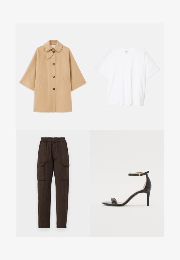 Beige wool blend coat with a classic collar, front button closure, and side pockets; features raglan sleeves and a clean, structured design.; White cotton t-shirt with short sleeves, round neckline, relaxed fit, and stitched hem. Label visible on the inside neck.; Brown cargo pants with an elastic waistband, two large front pockets, and a tapered leg design. Made of lightweight fabric with a matte texture.; Black leather high-heeled sandal with an ankle strap. Features a smooth texture, open toe, and a thin heel. Gold-toned buckle detail.