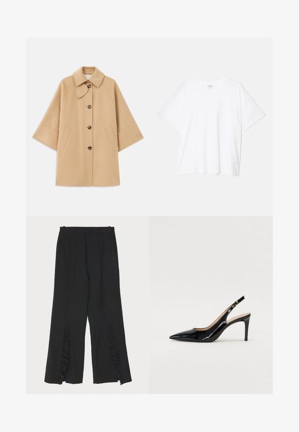 Beež villasegu jakk klassikalise kraega, ees nuppude sulgemise ja küljetaskutega; omab raglan-varrukaid ja puhtalt, struktureeritud disaini.; Valge puuvillane T-särk lühikeste varrukatega, ümmargune kaelus, mugav lõige ja õmmeldud serv. Silt nähtav kaela seest.; Mustad püksid laia sääre disainiga, külgseamseid kaunistavad volangid ja lame vöökoht. Sile kangatekstuur, kohandatud lõige.; Must hõbedavärvi patendiga slingback kontsakingad terava varbaga, kitsas konts ja peene lõikega disain. Statistika on kuldne pandla rihmal.