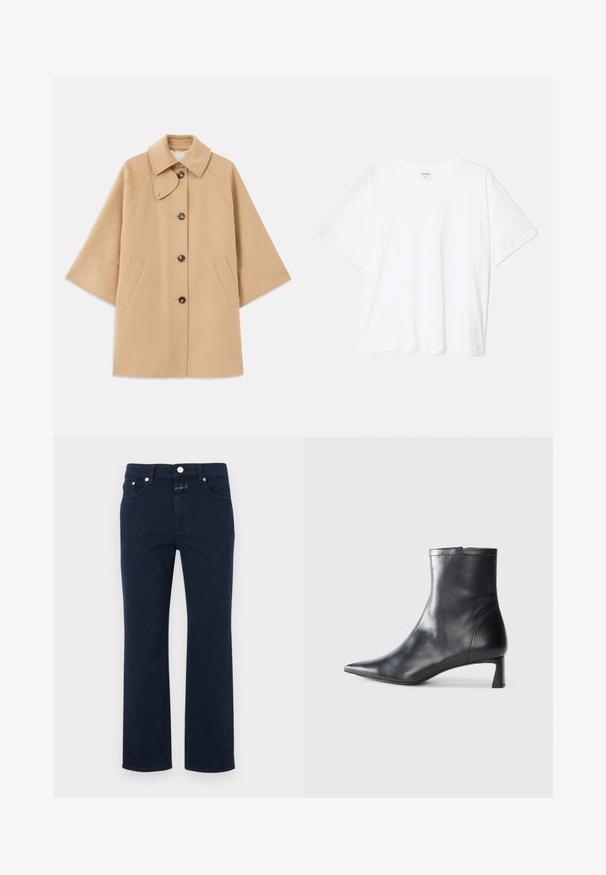 Beige kabát z vlněné směsi s klasickým límcem, zapínáním na knoflíky vpředu a bočními kapsami; má raglánové rukávy a čistý, strukturovaný design.; Bílý bavlněný tričko s krátkým rukávem, kulatým výstřihem, volným střihem a šitým lemem. Nálepka viditelná na vnitřní straně výstřihu.; Námořnické modré bavlněné džíny se rovný střih, obsahující pět kapes, zipový límec a kovové zapínání. Hladká textura se švy.; Černé kožené kotníkové boty s špičatou špičkou a elegantním designem. Mají nízký podpatek a zipové zapínání na zadní straně. Hladká textura.
