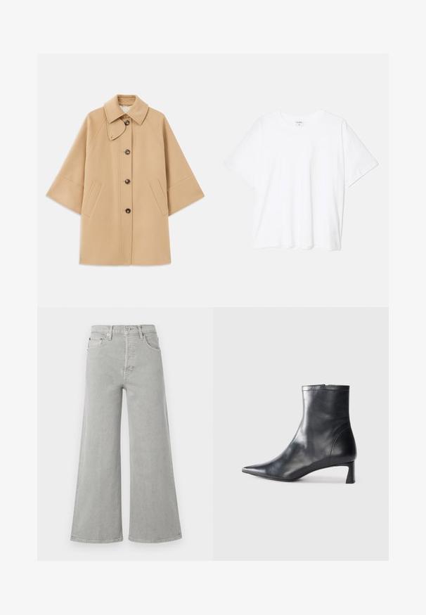 Beige kabát z vlněné směsi s klasickým límcem, zapínáním na knoflíky vpředu a bočními kapsami; má raglánové rukávy a čistý, strukturovaný design.; Bílý bavlněný tričko s krátkým rukávem, kulatým výstřihem, volným střihem a šitým lemem. Nálepka viditelná na vnitřní straně výstřihu.; Světle šedé široké džíny z denimu, s vysokým pasem, předními kapsami a zapínáním na knoflík. Hladká textura s minimálními designovými detaily.; Černé kožené kotníkové boty s špičatou špičkou a elegantním designem. Mají nízký podpatek a zipové zapínání na zadní straně. Hladká textura.