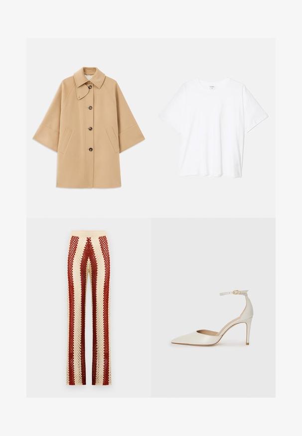 Beige wool blend coat with a classic collar, front button closure, and side pockets; features raglan sleeves and a clean, structured design.; White cotton t-shirt with short sleeves, round neckline, relaxed fit, and stitched hem. Label visible on the inside neck.; Crochet pants with a fitted waist, featuring alternating red and cream vertical stripes, wide leg cut, and open weave texture.; White leather high-heeled shoe with a pointed toe, ankle strap, and a slim stiletto heel. Smooth texture with subtle glossy finish.