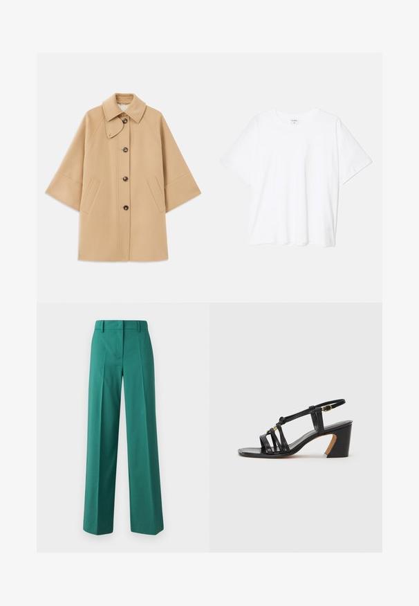 Bežs vilnas maisījuma mētelis ar klasisku apkakli, priekšējo pogu aizdares un sānu kabatām; satur raglanu piedurknes un tīru, strukturētu dizainu.; Balta kokvilnas T-krekls ar īsām piedurknēm, apaļu dekoltē, brīva piegriezuma un šūtu apakšmalu. Etiķete redzama iekšējā kakla daļā.; Zaļas platās kājas bikses, izgatavotas no gludas auduma ar pielāgotu fasonu, ar priekšējiem krokām un divu kabatu dizainu.; Paul Smith AMIRA - Klasiski papēži - black
