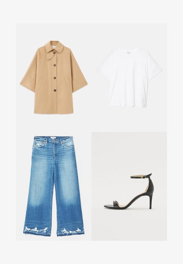 Beige wool blend coat with a classic collar, front button closure, and side pockets; features raglan sleeves and a clean, structured design.; White cotton t-shirt with short sleeves, round neckline, relaxed fit, and stitched hem. Label visible on the inside neck.; RE/DONE PALAZZO - Wide Leg - minerva; Black leather high-heeled sandal with an ankle strap. Features a smooth texture, open toe, and a thin heel. Gold-toned buckle detail.