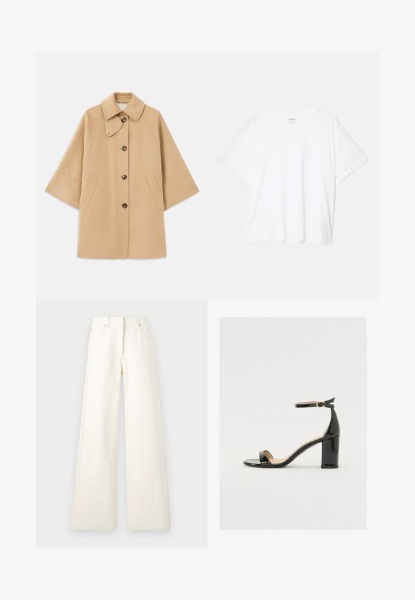 Casaco em mistura de lã bege com colarinho clássico, fecho frontal com botões e bolsos laterais; possui mangas raglan e um design limpo e estruturado.; T-shirt de algodão branco com mangas curtas, decote redondo, corte descontraído e bainha cosida. Etiqueta visível no interior do pescoço.; Calças largas de cor creme feitas de denim, com costura visível e bolsos. O design apresenta uma cintura alta e uma silhueta de corte reto.; Sandal de pele sintética preta com salto largo, ponta aberta e tira no tornozelo com fivela dourada. Textura suave e design elegante.