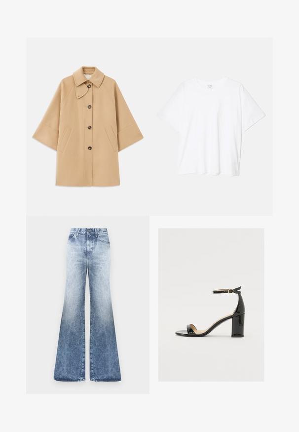 Bežs vilnas maisījuma mētelis ar klasisku apkakli, priekšējo pogu aizdares un sānu kabatām; satur raglanu piedurknes un tīru, strukturētu dizainu.; Balta kokvilnas T-krekls ar īsām piedurknēm, apaļu dekoltē, brīva piegriezuma un šūtu apakšmalu. Etiķete redzama iekšējā kakla daļā.; Izbalējušas zilas denim flared bikses ar augstu jostasvietu, ar pogu aizdari, piecām kabatām un novecojuma efektu.; Melnas patentā ādas sandales ar platām papēžiem, atvērtu purngalu un potītes siksniņu ar zelta sprādzi. Gluda tekstūra un elegants dizains.