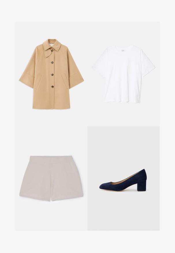 Manteau en mélange de laine beige avec un col classique, fermeture à boutons à l'avant et poches latérales ; présente des manches raglan et un design épuré et structuré.; T-shirt en coton blanc avec des manches courtes, un col rond, une coupe décontractée et un ourlet cousu. Étiquette visible à l'intérieur du col.; Shorts en coton beige à taille élastique avec une finition texturée, présentant une coupe droite et sans poches ni détails visibles.; Escarpin en daim bleu marine avec un bout pointu et un talon bloc de hauteur intermédiaire. Texture lisse avec un subtil éclat et une petite découpe à l'avant.