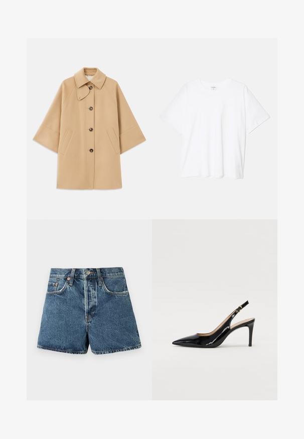 Bežs vilnas maisījuma mētelis ar klasisku apkakli, priekšējo pogu aizdares un sānu kabatām; satur raglanu piedurknes un tīru, strukturētu dizainu.; Balta kokvilnas T-krekls ar īsām piedurknēm, apaļu dekoltē, brīva piegriezuma un šūtu apakšmalu. Etiķete redzama iekšējā kakla daļā.; Denim šorti vidējā zilā krāsā ar augstu jostasvietu, piecām kabatām, kontrastējošiem šuvumiem un metāla pogu aizdari. Strukturēta auduma ar nedaudz izbalējušu izskatu.; Melnas lakotās ādas slingback kurpes ar izteiktu degunu, šauru papēdi un smalku izgriezumu dizainu. Siksniņai ir zelta sprādze.