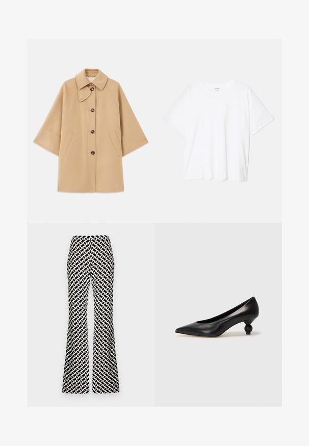 Beige wool blend coat with a classic collar, front button closure, and side pockets; features raglan sleeves and a clean, structured design.; White cotton t-shirt with short sleeves, round neckline, relaxed fit, and stitched hem. Label visible on the inside neck.; Black and white patterned flared pants with a geometric design, featuring a smooth texture and a high waist, extending to the floor.; Black leather high heel shoe with a pointed toe and a round, balled heel. Smooth texture with a sleek, minimal design.