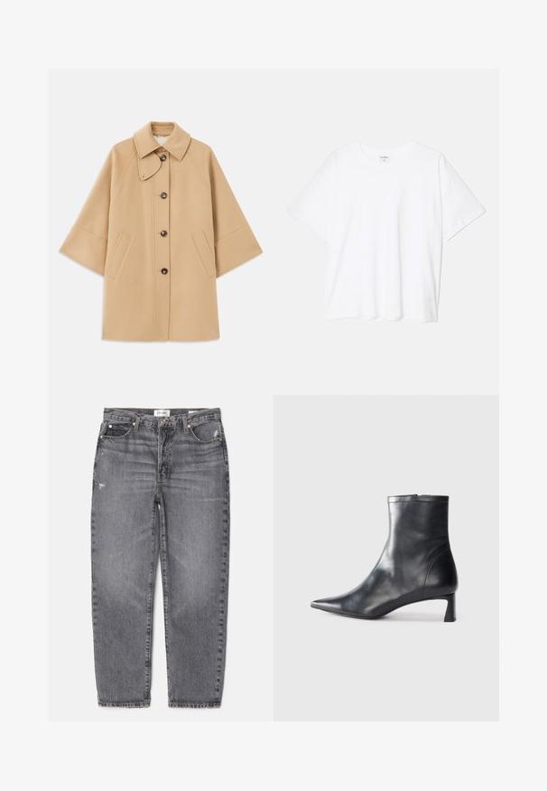 Beige wool blend coat with a classic collar, front button closure, and side pockets; features raglan sleeves and a clean, structured design.; White cotton t-shirt with short sleeves, round neckline, relaxed fit, and stitched hem. Label visible on the inside neck.; Gray denim jeans with a straight fit, faded texture, slight distressing on the front, and a classic five-pocket design.; Black leather ankle boot with a pointed toe and a sleek design. Features a low heel and a zipper closure at the back. Smooth texture.