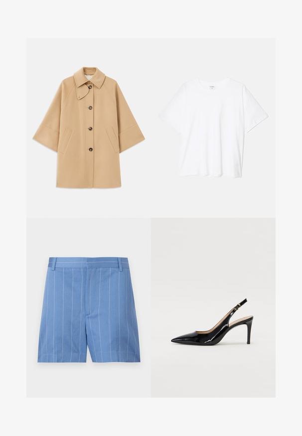 Palton din lână bej, cu un guler clasic, închidere frontală cu nasturi și buzunare laterale; are mâneci raglan și un design curat, structurat.; Tricou alb din bumbac, cu mâneci scurte, guler rotund, croi lejer și tiv cusut. Eticheta este vizibilă pe interiorul gulerului.; Shorts de culoare albastru deschis cu dungi verticale albe, având o textură fină, un front plat și un talie standard cu bucle pentru curea.; Pantofi slingback din piele patent neagră, cu vârful ascuțit, tocul subțire și un design discret cu decupaj. Se evidențiază printr-un cataramă aurie pe curea.