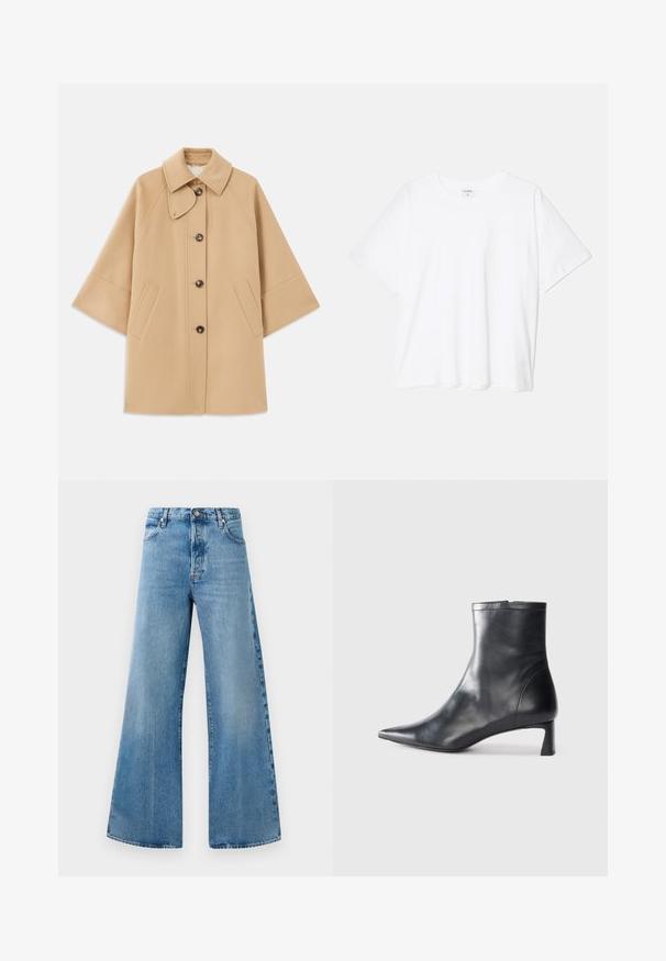 Bežový kabát z vlnenej zmesi s klasickým golierom, predným zapínaním na gombíky a bočnými vreckami; má raglánové rukávy a čistý, štruktúrovaný dizajn.; Biely bavlnený tričko s krátkymi rukávmi, okrúhlym výstrihom, voľným strihom a prešitým lemom. Štítok viditeľný na vnútornom krku.; Široké modré denimové džínsy s vysokým pásom, prednými vreckami, zapínaním na gombík a jemnými vybledlými detailmi.; Čierne kožené členkové topánky s špicatou špičkou a elegantným dizajnom. Majú nízky podpätok a zips na zadnej strane. Hladká textúra.
