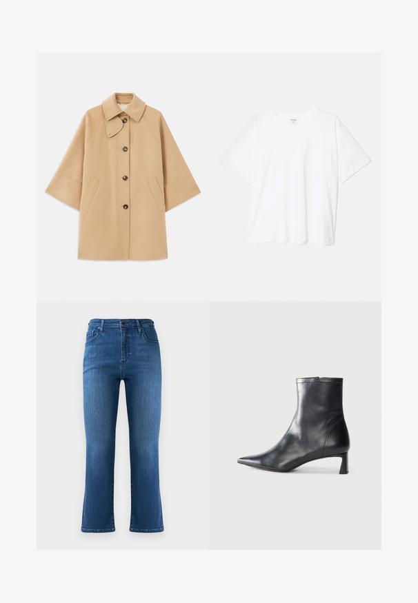 Bežna volnena jopica s klasičnim ovratnikom, sprednjim gumbom za zapiranje in stranskimi žepi; ima raglan rokave in čist, strukturiran dizajn.; Bela bombažna majica s kratkimi rokavi, okroglim izrezom, sproščenim krojem in šivanim robom. Oznaka vidna na notranji strani izreza.; Temno modri flared traper hlače z visokim pasom, dizajnom s petimi žepi in vidnimi šivi. Gladka tekstura, rahlo zbledela na določenih mestih.; Črne usnjene gležnjarje s šiljastim nosom in elegantnim dizajnom. Imajo nizko peto in zadrgo na zadnji strani. Gladka tekstura.