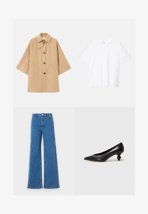 Bežový kabát z vlnenej zmesi s klasickým golierom, predným zapínaním na gombíky a bočnými vreckami; má raglánové rukávy a čistý, štruktúrovaný dizajn.; Biely bavlnený tričko s krátkymi rukávmi, okrúhlym výstrihom, voľným strihom a prešitým lemom. Štítok viditeľný na vnútornom krku.; Široké modré džíny s vysokým pásom, prednými vreckami a zapínaním na gombík. Tkanina má hladkú textúru a klasický vzor šitia.; Čierna kožená vysoká topánka na podpätku s ostrým špičkou a okrúhlym, guľatým podpätkom. Hladký povrch s moderným, minimalistickým dizajnom.