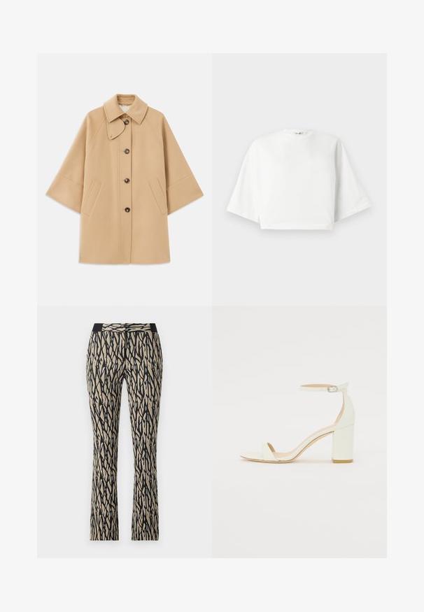 Beige wollen blend jas met een klassieke kraag, sluiting met knopen aan de voorkant en zijzakken; heeft raglanmouwen en een nette, gestructureerde uitstraling.; Witte, cropped t-shirt met een relaxte pasvorm, korte brede mouwen, ronde halslijn en zijsplitten, gemaakt van zacht katoen.; Zwarte en beige gekleurde broek met een strakke tailleband, voorzien van een abstracte streepdesign, gemaakt van een zachte, rekbare stof.; Witte leren sandaal met blokhak, voorzien van een enkelsluitsel met een gesp en een minimalistisch design. Open teen en gladde texturen overal.