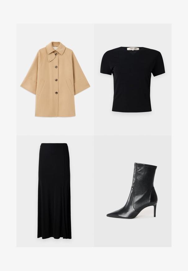 Beżowy płaszcz z wełny z klasycznym kołnierzem, z przodu zapinany na guziki, z kieszeniami po bokach; posiada rękawy raglanowe oraz prosty, uporządkowany fason.; Czarny t-shirt z krótkim rękawem w kształcie litery V, wykonany z gładkiego, elastycznego materiału. Posiada prostą, klasyczną sylwetkę bez zdobień.; Czarna długa spódnica wykonana z gładkiego materiału, z bocznym rozcięciem, elastycznym paskiem w talii i prostym krojem, co tworzy minimalistyczny design.; Czarne botki do kostki wykonane z gładkiej skóry, z ostrym noskiem, dopasowaną cholewką i smukłym wysokim obcasem. Minimalistyczny design bez widocznych elementów metalowych.