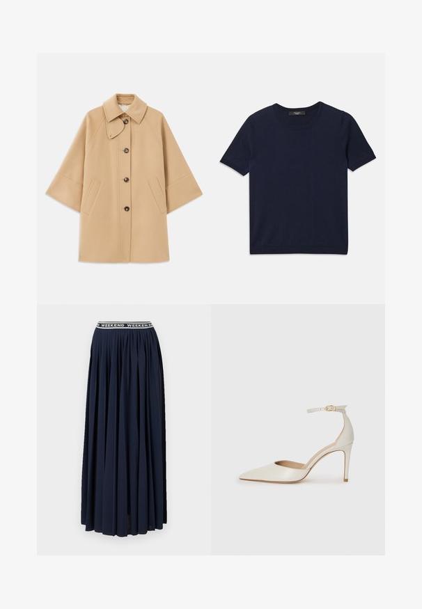 Bežs vilnas maisījuma mētelis ar klasisku apkakli, priekšējo pogu aizdares un sānu kabatām; satur raglanu piedurknes un tīru, strukturētu dizainu.; Tums zilā īsajām piedurknēm T-krekls, kas izgatavots no mīksta auduma, ar apaļu izgriezumu un ribotām malām, gluda tekstūra un bez redzamām rakstām.; WEEKEND MaxMara BLEU - Maksi svārki - navy; Baltas ādas augstpapēžu kurpes ar smailu purngala daļu, potītes siksniņu un šauru stiletto papēdi. Gluda tekstūra ar smalku spīdumu.