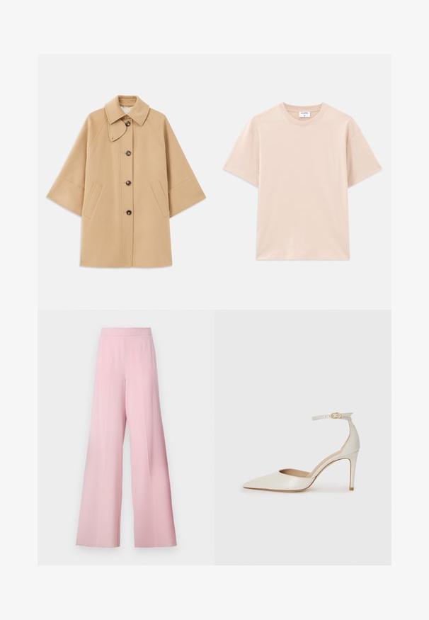 Μπεζ παλτό από μείγμα μαλλιού με κλασικό γιακά, μπροστινό κλείσιμο με κουμπιά και πλευρικές τσέπες; διαθέτει ράγκλαν μανίκια και καθαρή, δομημένη σχεδίαση.; T-shirt κοντομάνικο σε ανοιχτό μπεζ, κατασκευασμένο από μαλακό βαμβάκι. Στρογγυλή λαιμόκοψη, χαλαρή εφαρμογή, με ίσιο στρίφωμα και χωρίς σχέδια ή γραφικά.; Φαρδιές παντελόνες από ανοιχτό ροζ ύφασμα, με λεία υφή, ψηλή μέση και χωρίς ορατά μοτίβα ή αξεσουάρ.; Λευκό δερμάτινο ψηλοτάκουνο παπούτσι με μυτερή μύτη, λουρί στον αστράγαλο και λεπτό τακούνι στιλέτο. Λείος υφή με διακριτική γυαλιστερή επιφάνεια.