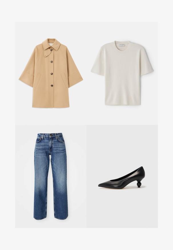 Beež villasegu jakk klassikalise kraega, ees nuppude sulgemise ja küljetaskutega; omab raglan-varrukaid ja puhtalt, struktureeritud disaini.; Kreem värvi lühikeste varrukatega T-särk ümmarguse kaelusega, valmistatud pehmest materjalist, omades sirget lõiget ja minimaalseid detailide rõhutusi.; Heledad sinised teksad mugava lõikega, kõrge taljega, sirgete jalgadega ja peene pleekimisega. Valmistatud denimist, nähtavate õmbluste ja riistvaraga.; Must musta kõrge kontsaga king, millel on terav nina ja ümar, pallikujuline konts. Sile pind ja elegantne, minimalistlik disain.