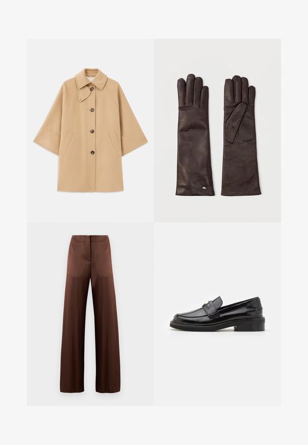 Manteau en mélange de laine beige avec un col classique, fermeture à boutons à l'avant et poches latérales ; présente des manches raglan et un design épuré et structuré.; Haut noir à manches courtes avec de larges manches évasées et un col rond, présenté sur un fond blanc.; Pantalons larges marron en tissu lisse et léger, dotés d'un devant plat, sans poches et d'une silhouette droite.; Mocassin en cuir verni noir avec une finition lisse, des détails cousus à l'avant et un petit talon carré pour le soutien. Accent doré sur la sangle.; Une paire de gants en cuir marron foncé, longs, posés à plat avec des coutures visibles et un petit détail en argent près du poignet de l'un des gants.