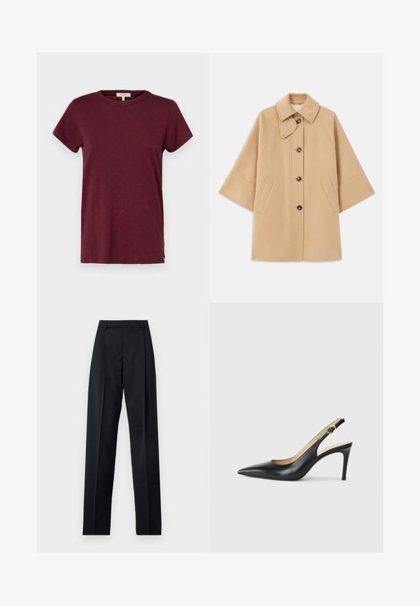 Beige Wollmischungsjacke mit klassischem Kragen, durchgehender Knopfleiste und Seitentaschen; verfügt über Raglanärmel und ein sauberes, strukturiertes Design.; rag & bone THE SLUB - T-Shirt basic - burgundy; Schwarze Hosen aus glattem Stoff mit hoher Taille, weitem Bein, vorderen Falten und klassischen Gürtelschlaufen. Keine sichtbaren Seitentaschen.; Schwarze Leder-Slingback-High-Heels mit spitzem Zehenbereich, verstellbarem Riemen und schlankem Stiletto-Absatz, ausgestattet mit einer glatten Oberfläche.