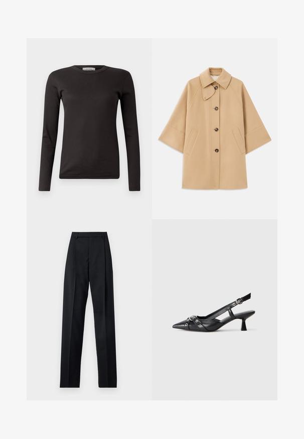 Beige gyapjú mix kabát klasszikus gallérral, elülső gombos záródással és oldalsó zsebekkel; raglán ujjaival és letisztult, strukturált dizájnjával rendelkezik.; Fekete, hosszú ujjú, bordázott póló, kerek nyakú, puha anyagból készült, egyszerű dizájnnal, díszítések vagy minták nélkül.; Fekete nadrág sima anyagból, magas derékkal, széles lábakkal, elülső redőkkel és klasszikus övhurkokkal. Oldalzsebek nem láthatók.; Fekete bőr slingback cipő hegyes orral, dekoratív pántokkal, fém szemekkel és alacsony blokk sarkú. Texturált felület.