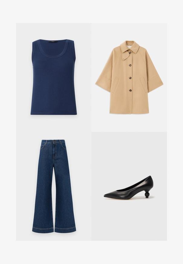 Palton din lână bej, cu un guler clasic, închidere frontală cu nasturi și buzunare laterale; are mâneci raglan și un design curat, structurat.; Top fără mâneci, bleumarin, cu o croială canalată și decolteu rotund. Fabricat dintr-un material moale, are un design ajustat și un tiv drept.; Jeans din denim albastru cu picioare largi și talie înaltă, având închidere cu buton, bucle pentru curea și detalii discrete de cusut pe buzunare și la tivuri.; Pantofii cu toc înalt din piele neagră, cu vârf ascuțit și toc rotund, mimos. Textură netedă, cu un design elegant și minimalist.