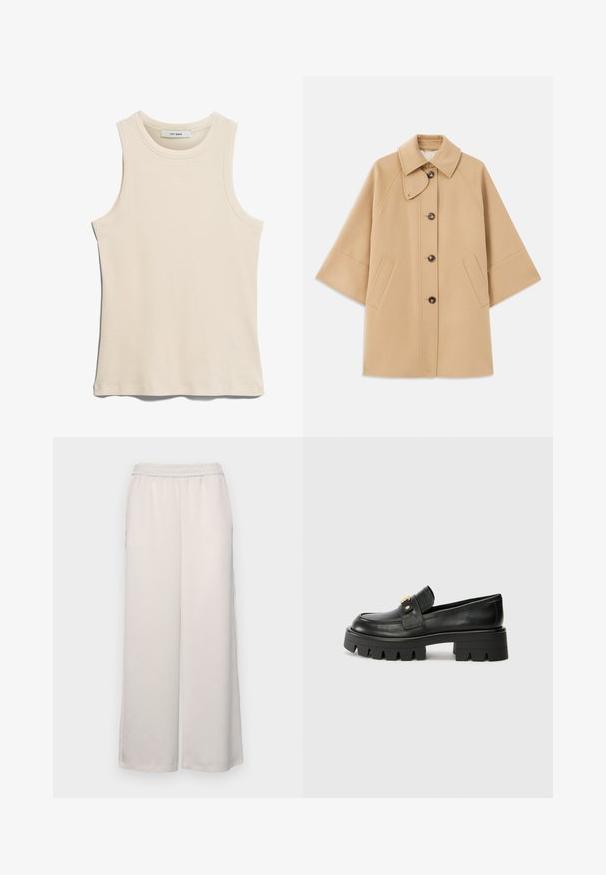 Beige wollen blend jas met een klassieke kraag, sluiting met knopen aan de voorkant en zijzakken; heeft raglanmouwen en een nette, gestructureerde uitstraling.; Slessen lichte beige tanktop gemaakt van ribgebreid materiaal, met een ronde halslijn en een strakke, minimalistische uitstraling.; Licht beige wijde broek met een elastische tailleband. Glad materiaal, volledige lengte, geen zichtbare versieringen of patronen.; Zwarte leren instappers met een chunky zool, met een goudkleurige accent aan de voorkant en een gladde afwerking. Chunky profielontwerp op de zool.