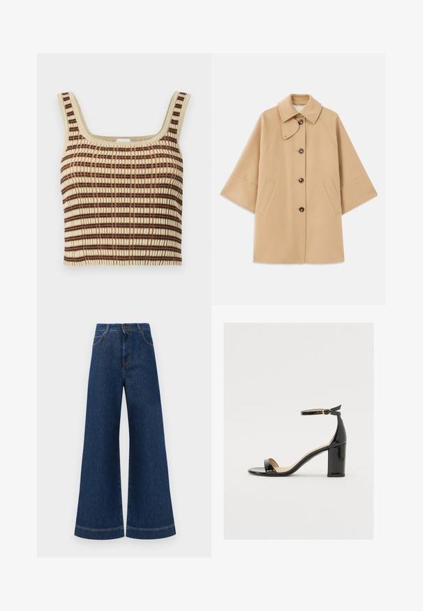 Bežový kabát z vlnenej zmesi s klasickým golierom, predným zapínaním na gombíky a bočnými vreckami; má raglánové rukávy a čistý, štruktúrovaný dizajn.; Ribkovaný, skrátený top v krémovej farbe s hnedými a oranžovými vertikálnymi pruhmi. Má štvorcový výstrih a široké ramienka pre podporu.; Modré denimové nohavice so širokými nohavicami a vysokým pásom, ktoré majú gombíkový zapínanie, pútka na opasok a jemné švy pozdĺž vreciek a lemov.; Čierne lakované sandále s širokým podpätkom, otvorenou špičkou a remienkom okolo členka s zlatou sponou. Hladká textúra a elegantný dizajn.