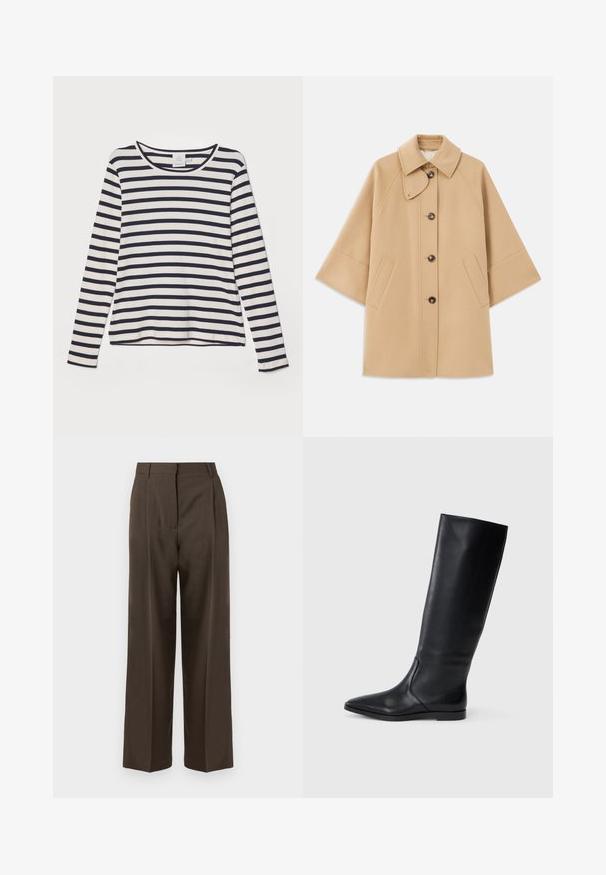 Bežs vilnas maisījuma mētelis ar klasisku apkakli, priekšējo pogu aizdares un sānu kabatām; satur raglanu piedurknes un tīru, strukturētu dizainu.; Krēms krāsas ilgu piedurkņu krekls ar tumši zilu horizontālu joslu, ar apaļu kakla izgriezumu, ribotu tekstūru un brīvu piegriezumu.; Brūnas platā kāju bikses ar gludu tekstūru, ar augstu jostasvietu, priekšējām krokām un pielāgotu dizainu. Nav redzamu kabatu vai rotājumu.; Melnas ādas ceļgala augstas zābaki ar smailu purngali un minimālistisku dizainu. Gluda tekstūra un plakana zole, ar diskrētām sānu šuvju detaļām.