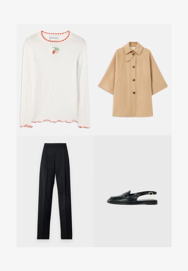 Cappotto in misto lana beige con colletto classico, chiusura frontale con bottoni e tasche laterali; presenta maniche a raglan e un design pulito e strutturato.; Camicia bianca a maniche lunghe con scollatura ondulata rossa. Presenta un piccolo ricamo di fragola verde e rossa sul davanti.; Pantaloni neri realizzati in tessuto morbido, caratterizzati da vita alta, gambe larghe, pince frontali e classiche passanti per cintura. Non ci sono tasche laterali visibili.; Scarpa slingback in pelle nera con punta arrotondata, suola piatta, taglio laterale e cinturino con dettaglio in hardware color oro.