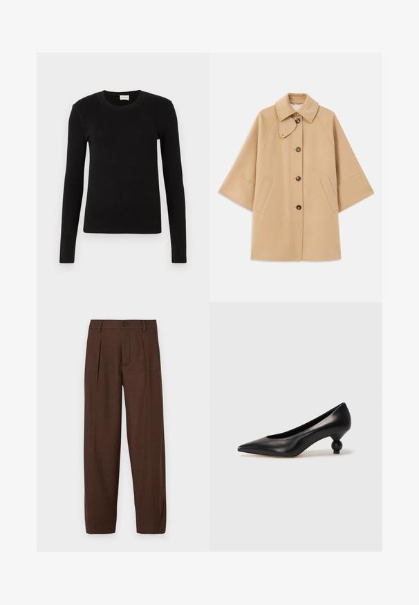 Palton din lână bej, cu un guler clasic, închidere frontală cu nasturi și buzunare laterale; are mâneci raglan și un design curat, structurat.; Tricou negru cu mânecă lungă, realizat dintr-un material moale și neted. Prezintă un decolteu rotund și o croială ajustată, fără modele sau accente vizibile.; Pantaloni plisați maro cu un design cu picior drept, având închidere frontală cu buton și țesătură texturată, potriviți pentru evenimente formale.; Pantofii cu toc înalt din piele neagră, cu vârf ascuțit și toc rotund, mimos. Textură netedă, cu un design elegant și minimalist.