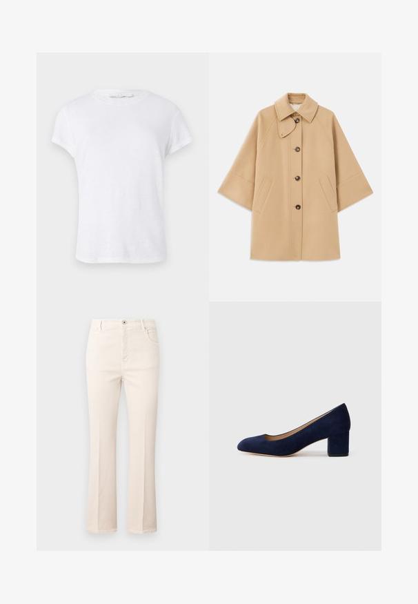 Beige villasekoituksesta valmistettu takki, jossa on klassinen kaulus, etupainikekiinnitys ja sivutaskut; sisältää raglan-hihat ja siistin, jämäkän muotoilun.; Valkoinen lyhytnukkainen t-paita pyöreällä kaula-aukolla, valmistettu kevyestä kankaasta, jossa on yksinkertainen, siisti muotoilu ilman koristeita.; Beige flare-farkut, jotka on valmistettu puuvillasta. Niissä on korkea vyötärö, viisi taskua, napitus ja hillityt tikkaus yksityiskohdat.; Navy sininen mokkanahkakengät, joissa on terävä kärki ja keskikorkea lohkare korko. Sileä pinta, jossa on hieno kiilto ja pieni leikkaus etuosassa.