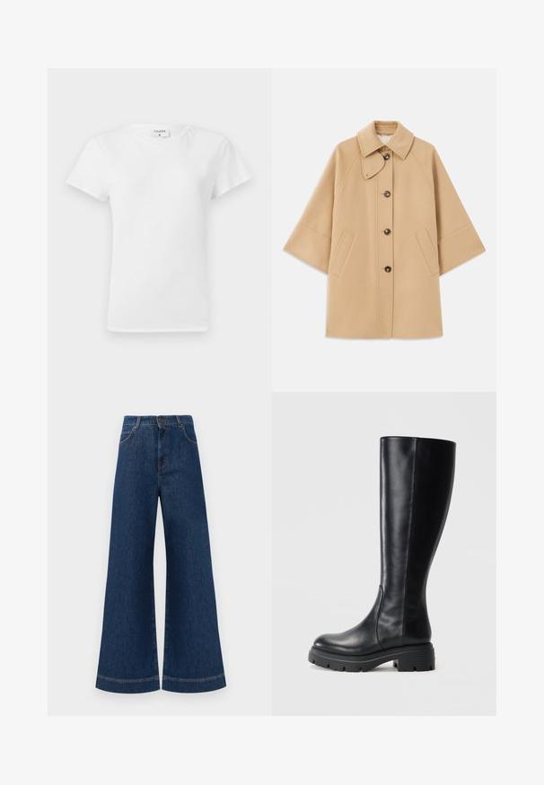 Bež kaput od vune s kombinacijom materijala, klasičnog ovratnika, prednjim zatvorenjem na dugmad i bočnim dzepovima; ima raglan rukave i čist, strukturiran dizajn.; Bijela pamučna majica s okruglim izrezom i kratkim rukavima, s opuštenim krojem i minimalističkim dizajnom. Oznaka vidljiva na vratu.; Široke plave traperice s visokim strukom, s kopčanjem na gumbe, petljama za remen i suptilnim detaljima šavova duž džepova i rubova.; Crne čizme do koljena od glatke kože, s okruglim vrhom i debelim gumenim potplatom s uzorcima za prianjanje.