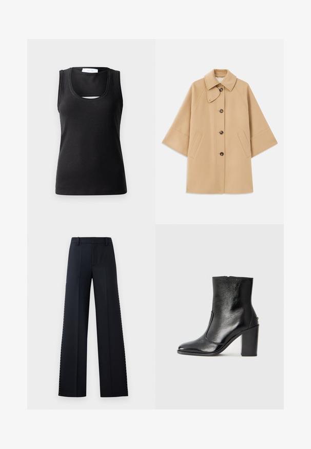 Casaco em mistura de lã bege com colarinho clássico, fecho frontal com botões e bolsos laterais; possui mangas raglan e um design limpo e estruturado.; Camisola preta sem mangas feita de tecido canelado, com decote em forma de U e um pequeno detalhe em recorte na frente para um toque adicional de design.; Calças de perna larga em preto. Corte ajustado com uma textura suave. Apresenta uma fileira de tachas metálicas ao longo das costuras laterais para detalhe.; Bota ankle preta em pele com uma textura suave, bico fino e um salto alto robusto. Apresenta uma abertura lateral e um design minimalista.
