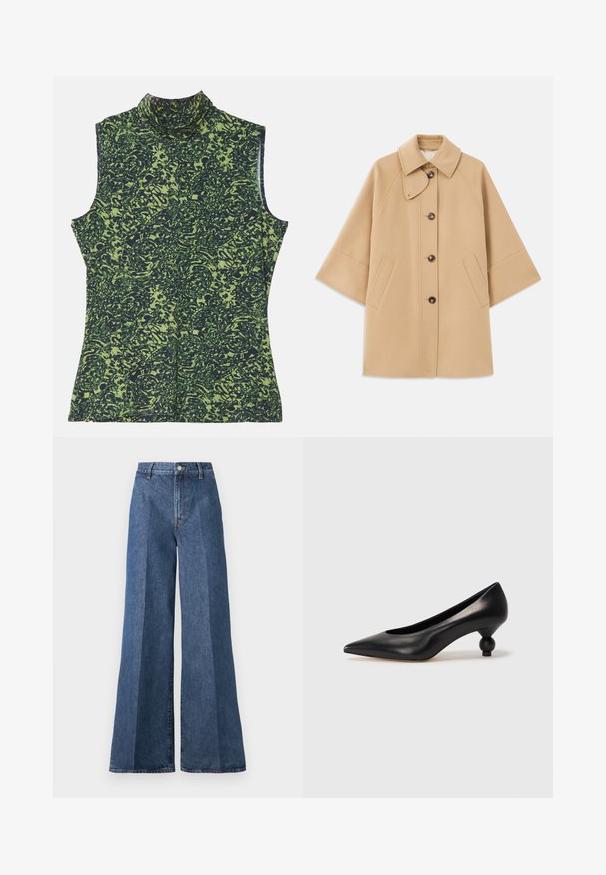 Beež villasegu jakk klassikalise kraega, ees nuppude sulgemise ja küljetaskutega; omab raglan-varrukaid ja puhtalt, struktureeritud disaini.; Roheline ja tume sinine muster, ilma varrukateta kõrge kaelusega top, millel on tekstuuriline, orgaaniline disain. Pehme kangas ja mugav lõige.; Laiad sinised denimpüksid kõrge vöökohtusega, klassikalise viie taskuga ja nööpkinni, valmistatud tekstureeritud puuvillakangast.; Must musta kõrge kontsaga king, millel on terav nina ja ümar, pallikujuline konts. Sile pind ja elegantne, minimalistlik disain.