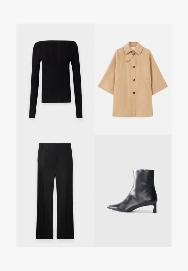 Casaco em mistura de lã bege com colarinho clássico, fecho frontal com botões e bolsos laterais; possui mangas raglan e um design limpo e estruturado.; Top preto de manga longa com decote reto e textura canelada, apresentando uma silhueta ajustada e sem hardware ou detalhes visíveis.; Calças pretas, design de perna reta, feitas de um tecido suave. Apresentam pregas frontais subtis e uma cintura plana com passantes para cinto.; Bota de tornozelo em pele preta com biqueira apontada e um design elegante. Apresenta um salto baixo e um fecho com zipper na parte de trás. Textura suave.