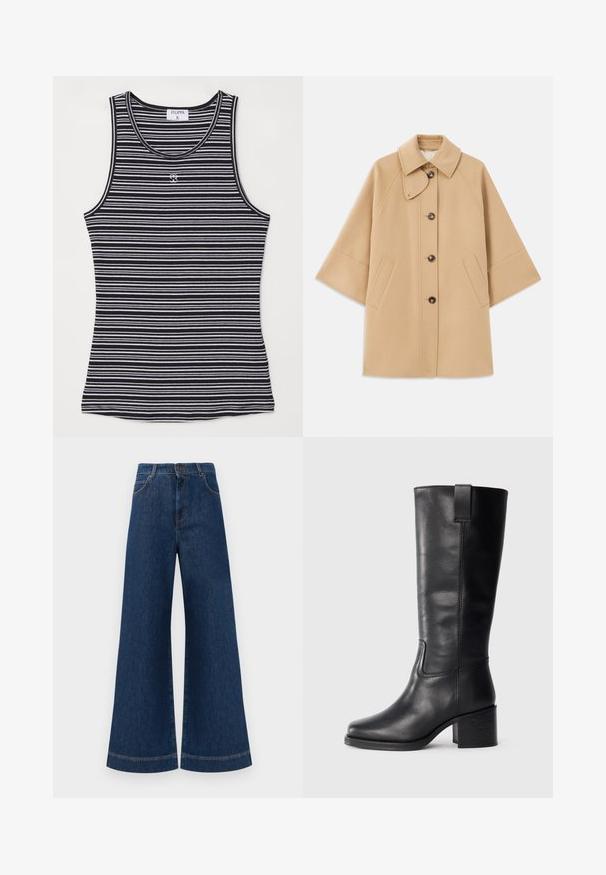 Beige wool blend coat with a classic collar, front button closure, and side pockets; features raglan sleeves and a clean, structured design.; Black and white striped tank top made of soft fabric, featuring a round neckline and a small logo on the front center.; Wide-leg blue denim jeans with a high waist, featuring a button closure, belt loops, and subtle stitching details along the pockets and hems.; Black leather knee-high boots with a smooth texture, square toe, block heel, and side pull tab, featuring minimal stitching details.