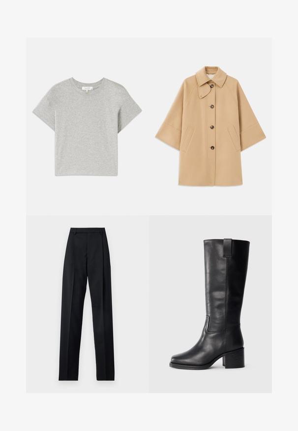 Beige wool blend coat with a classic collar, front button closure, and side pockets; features raglan sleeves and a clean, structured design.; Gray short-sleeve t-shirt made of soft cotton. Crew neckline with a relaxed fit and no visible patterns or accents. Tag on the inside.; Black trousers made from smooth fabric featuring a high waist, wide legs, front pleats, and classic belt loops. No side pockets visible.; Black leather knee-high boots with a smooth texture, square toe, block heel, and side pull tab, featuring minimal stitching details.