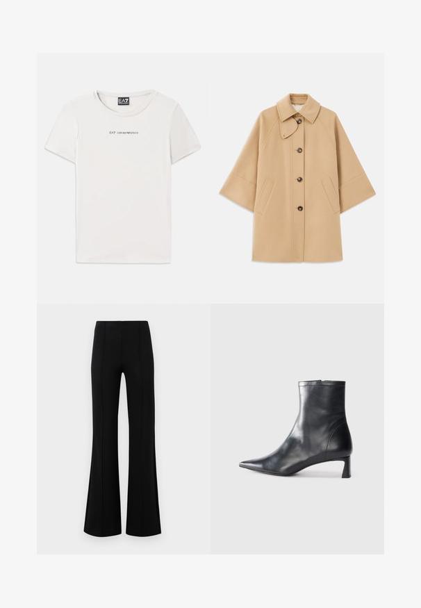 Casaco em mistura de lã bege com colarinho clássico, fecho frontal com botões e bolsos laterais; possui mangas raglan e um design limpo e estruturado.; Camiseta branca de algodão com decote redondo e mangas curtas. Apresenta o texto "EA7 EMPORIO ARMANI" em preto no peito.; Calças pretas de boca de sino com uma cintura alta, feitas de um tecido elástico. Apresentam detalhes de costura vertical na frente e uma textura suave.; Bota de tornozelo em pele preta com biqueira apontada e um design elegante. Apresenta um salto baixo e um fecho com zipper na parte de trás. Textura suave.