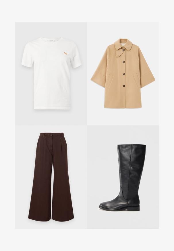 Beige gyapjú mix kabát klasszikus gallérral, elülső gombos záródással és oldalsó zsebekkel; raglán ujjaival és letisztult, strukturált dizájnjával rendelkezik.; Fehér, rövidujjú, kerek nyakú póló, bal mellen egy kis hímzett narancssárga rókás mintával.; Magas derekú, bő szárú barna nadrág gombos és cipzáras záródással, övhurkokkal és elülső pliszékkel.; Fekete, térd fölé érő bőrcsizma alacsony sarokkal és kerek orral, amelyen varrási részletek láthatók a szár és a felsőrész mentén.