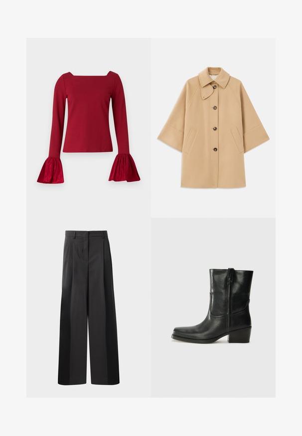 Beige wollen blend jas met een klassieke kraag, sluiting met knopen aan de voorkant en zijzakken; heeft raglanmouwen en een nette, gestructureerde uitstraling.; Rode lange mouw top met een vierkante halslijn. Heeft gefronste, textuur mouwen en een gladde body. Gemaakt van zachte stof.; Zwarte wijde broek met hoge taille, met voorplooien, een gladde textuur en een nette afwerking. Ontworpen voor een ontspannen pasvorm.; Zwarte leren enkellaars met een ronde neus, blokhak, zijrits en stikselaccenten op de wreef. Gladde textuur, klassiek ontwerp.