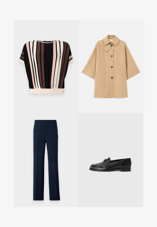 Abrigo de mezcla de lana color beige con un cuello clásico, cierre delantero de botones y bolsillos laterales; presenta mangas raglán y un diseño limpio y estructurado.; Top de manga corta con rayas verticales en negro, crema, rosa y marrón. Presenta un escote redondeado y un corte relajado con un dobladillo color crema.; Pantalones azul marino de tela suave, con un diseño de pierna recta, pliegues delanteros y bolsillos laterales para un aspecto ajustado.; Mocasines de cuero negro con una parte superior lisa, patrón lineal en relieve y un acento de hebilla decorativa en el empeine. Tacón bajo y cuadrado.