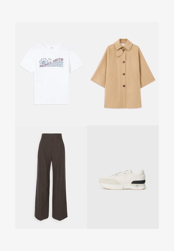 Beige ullblandad kappa med klassisk krage, framknäppning med knappar och sidofickor; har raglanärmar och en ren, strukturerad design.; Vit bomull t-shirt med en färgglad grafik av ett pariserhjul och en berg-och-dal-bana med "PS Paul Smith" text i röd och blå.; Mörkbruna vidbyxor med hög midja, som har fint pressade veck, en slät textur och en skräddarsydd passform.; Vit sneakers med en texturerad mocka tåbox, slät meshovandel, dekorativa snören och en svart gummihälaccents.