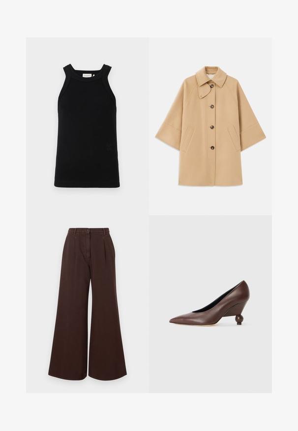 Beige wool blend coat with a classic collar, front button closure, and side pockets; features raglan sleeves and a clean, structured design.; Black ribbed tank top with wide shoulder straps, featuring a rounded neckline and a small embossed logo detail at the bottom.; High-waist wide-leg brown pants with button and zipper closure, belt loops, and front pleats.; Brown leather wedge pump with a pointed toe and a rounded, ball-shaped heel. Smooth texture with a simple design and minimal accents.