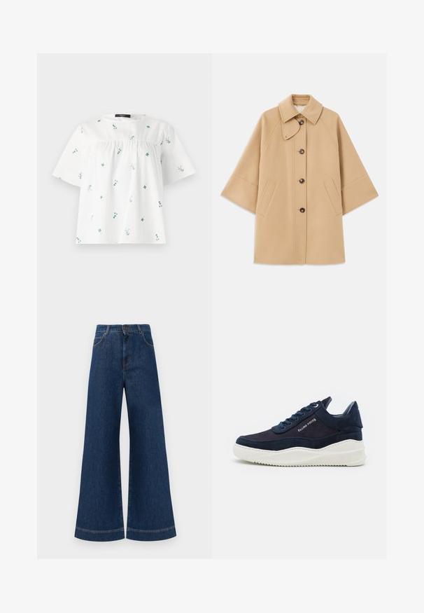 Abrigo de mezcla de lana color beige con un cuello clásico, cierre delantero de botones y bolsillos laterales; presenta mangas raglán y un diseño limpio y estructurado.; WEEKEND MaxMara EDITTA - Camiseta estampada - white; Jeans de mezclilla azul de pierna ancha con una cintura alta, que cuentan con un cierre de botón, pasadores para cinturón y detalles de costura sutil a lo largo de los bolsillos y los dobladillos.; Zapatillas de gamuza azul marino oscuro con suelas de goma blanca, puntera redondeada y diseño de cordones. Presenta un detalle de logo en el lado y acentos texturizados.